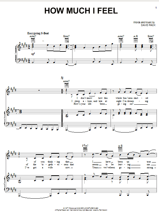 Preview Ambrosia How Much I Feel Rock sheet music, notes and chords for Piano, Vocal & Guitar (Right-Hand Melody), SKU: 19364 sheet music, piano notes, chords, guitar tabs, score, transpose, transcribe, how to play, guide, download, learn, tutorial, progression, song, artist, awards, billboard, mtv, vh1, tour, single, album, release