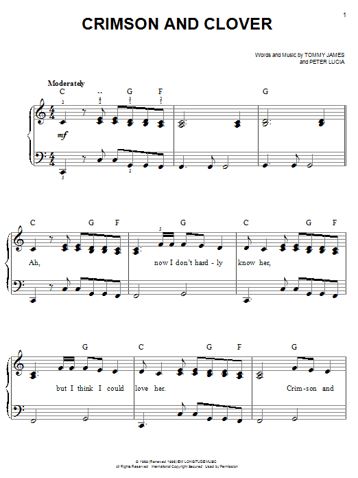 Preview Tommy James And The Shondells Crimson And Clover Rock sheet music, notes and chords for Easy Piano, SKU: 19366 sheet music, piano notes, chords, guitar tabs, score, transpose, transcribe, how to play, guide, download, learn, tutorial, progression, song, artist, awards, billboard, mtv, vh1, tour, single, album, release