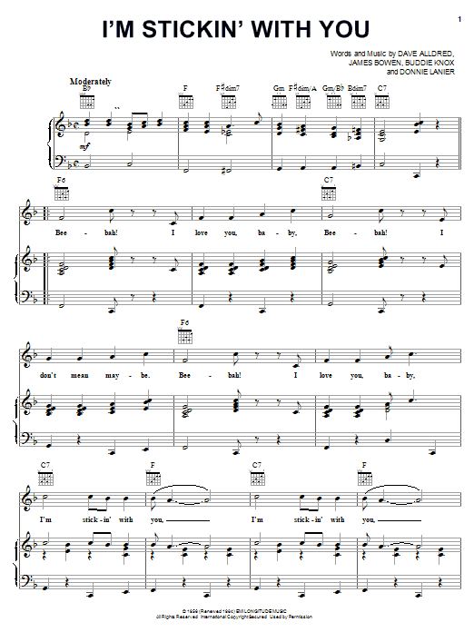 Preview Jimmy Bowen I'm Stickin' With You Rock sheet music, notes and chords for Piano, Vocal & Guitar (Right-Hand Melody), SKU: 19371 sheet music, piano notes, chords, guitar tabs, score, transpose, transcribe, how to play, guide, download, learn, tutorial, progression, song, artist, awards, billboard, mtv, vh1, tour, single, album, release
