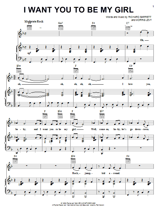 Preview Frankie Lymon & The Teenagers I Want You To Be My Girl Rock sheet music, notes and chords for Piano, Vocal & Guitar (Right-Hand Melody), SKU: 19372 sheet music, piano notes, chords, guitar tabs, score, transpose, transcribe, how to play, guide, download, learn, tutorial, progression, song, artist, awards, billboard, mtv, vh1, tour, single, album, release
