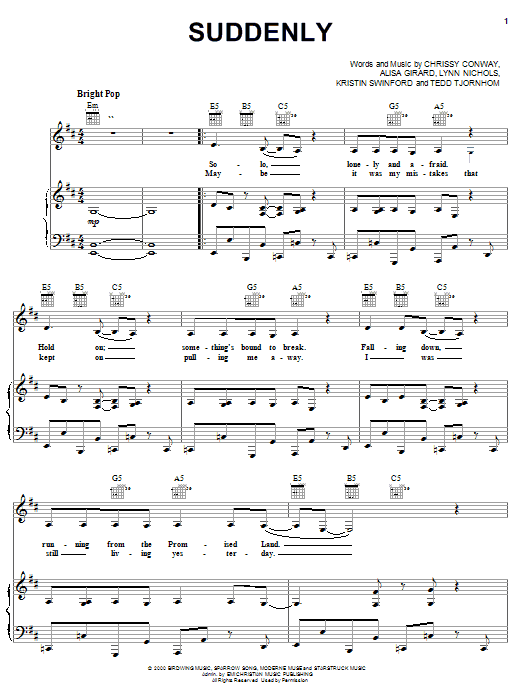 Preview Alisa Girard Suddenly Religious sheet music, notes and chords for Piano, Vocal & Guitar (Right-Hand Melody), SKU: 19379 sheet music, piano notes, chords, guitar tabs, score, transpose, transcribe, how to play, guide, download, learn, tutorial, progression, song, artist, awards, billboard, mtv, vh1, tour, single, album, release