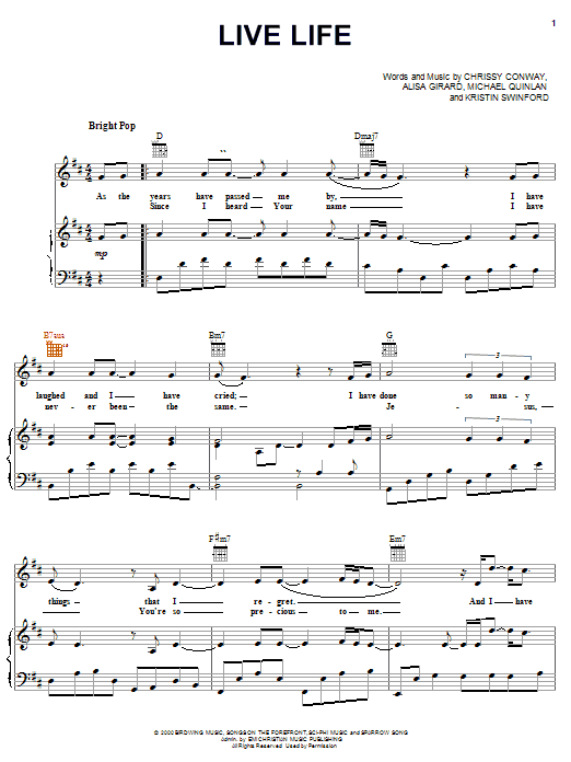 Preview Alisa Girard Live Life Religious sheet music, notes and chords for Piano, Vocal & Guitar (Right-Hand Melody), SKU: 19381 sheet music, piano notes, chords, guitar tabs, score, transpose, transcribe, how to play, guide, download, learn, tutorial, progression, song, artist, awards, billboard, mtv, vh1, tour, single, album, release