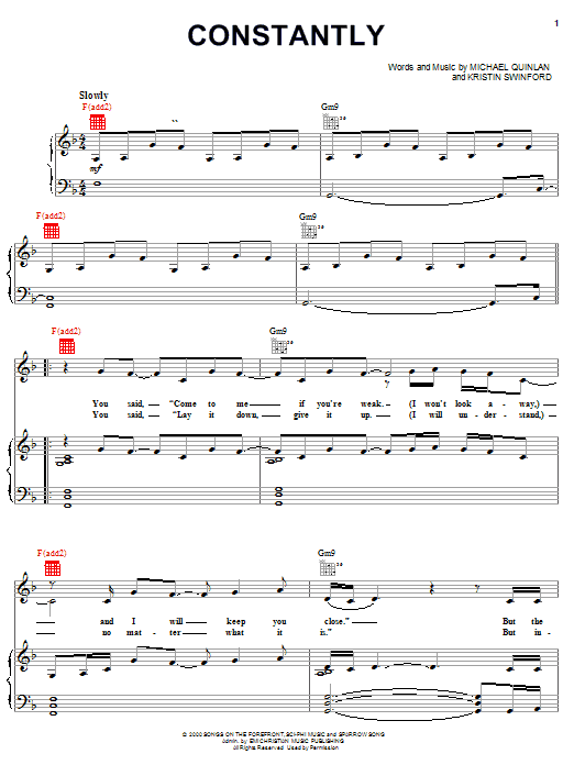 Preview Kristin Swinford Constantly Religious sheet music, notes and chords for Piano, Vocal & Guitar (Right-Hand Melody), SKU: 19384 sheet music, piano notes, chords, guitar tabs, score, transpose, transcribe, how to play, guide, download, learn, tutorial, progression, song, artist, awards, billboard, mtv, vh1, tour, single, album, release