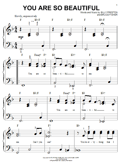 Preview Joe Cocker You Are So Beautiful Rock sheet music, notes and chords for Piano (Big Notes), SKU: 19389 sheet music, piano notes, chords, guitar tabs, score, transpose, transcribe, how to play, guide, download, learn, tutorial, progression, song, artist, awards, billboard, mtv, vh1, tour, single, album, release