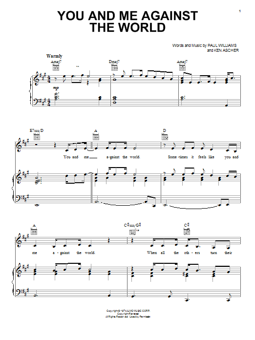 Preview Helen Reddy You And Me Against The World Rock sheet music, notes and chords for Piano, Vocal & Guitar (Right-Hand Melody), SKU: 19390 sheet music, piano notes, chords, guitar tabs, score, transpose, transcribe, how to play, guide, download, learn, tutorial, progression, song, artist, awards, billboard, mtv, vh1, tour, single, album, release