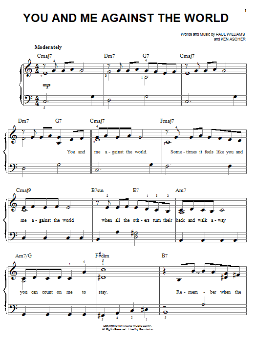 Preview Helen Reddy You And Me Against The World Rock sheet music, notes and chords for Easy Piano, SKU: 19391 sheet music, piano notes, chords, guitar tabs, score, transpose, transcribe, how to play, guide, download, learn, tutorial, progression, song, artist, awards, billboard, mtv, vh1, tour, single, album, release