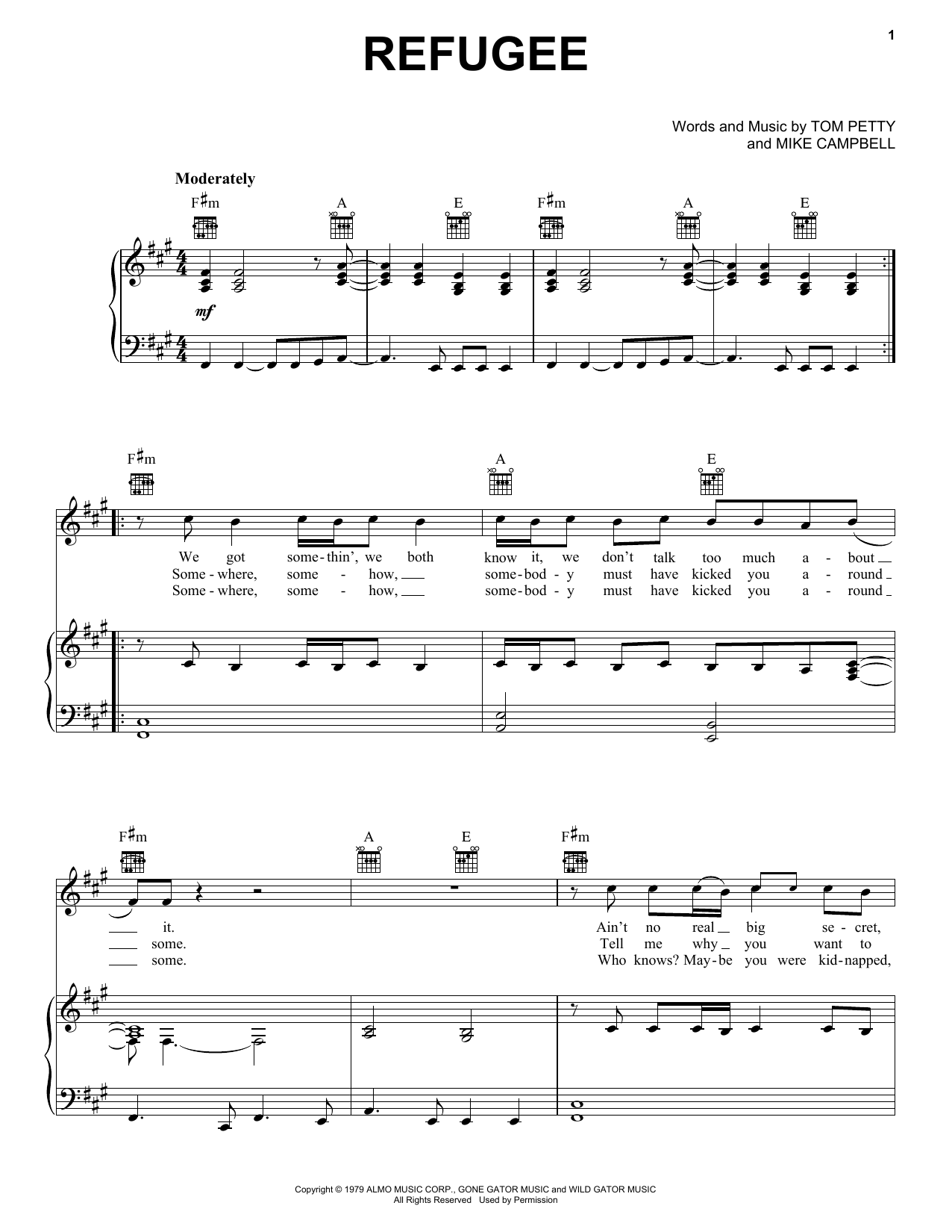 Preview Tom Petty And The Heartbreakers Refugee Rock sheet music, notes and chords for Piano, Vocal & Guitar (Right-Hand Melody), SKU: 19392 sheet music, piano notes, chords, guitar tabs, score, transpose, transcribe, how to play, guide, download, learn, tutorial, progression, song, artist, awards, billboard, mtv, vh1, tour, single, album, release