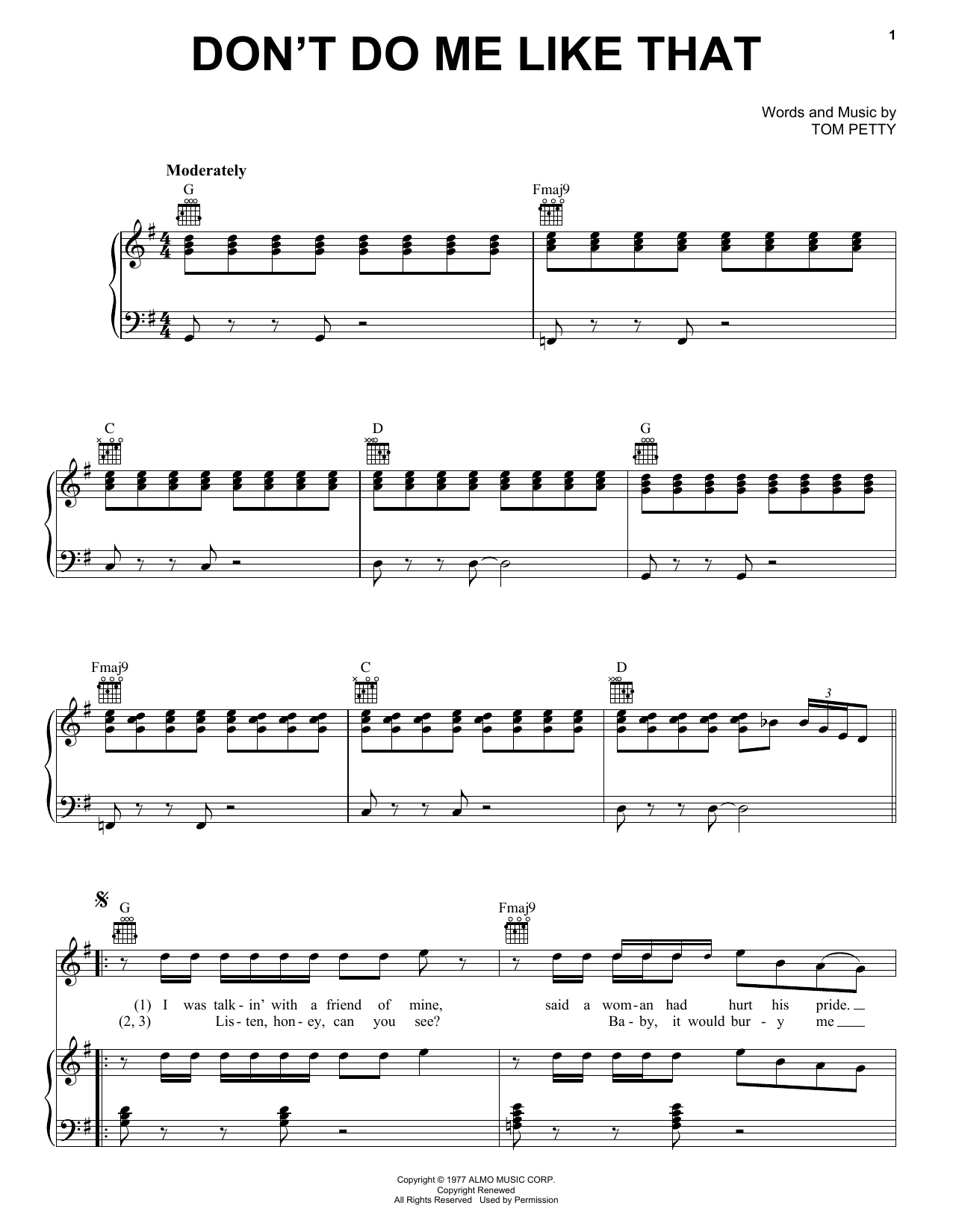 Preview Tom Petty And The Heartbreakers Don't Do Me Like That Rock sheet music, notes and chords for Piano, Vocal & Guitar (Right-Hand Melody), SKU: 19393 sheet music, piano notes, chords, guitar tabs, score, transpose, transcribe, how to play, guide, download, learn, tutorial, progression, song, artist, awards, billboard, mtv, vh1, tour, single, album, release