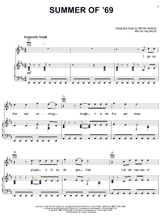 Preview Bryan Adams Summer Of '69 Rock sheet music, notes and chords for Piano, Vocal & Guitar (Right-Hand Melody), SKU: 19394 sheet music, piano notes, chords, guitar tabs, score, transpose, transcribe, how to play, guide, download, learn, tutorial, progression, song, artist, awards, billboard, mtv, vh1, tour, single, album, release