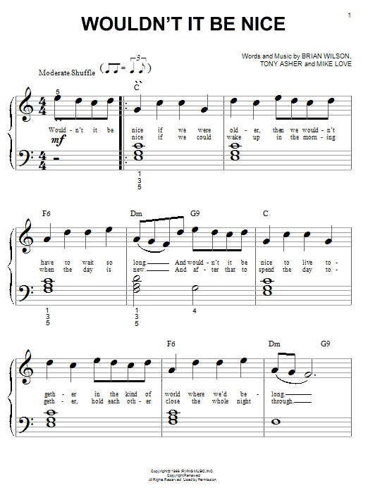Preview The Beach Boys Wouldn't It Be Nice Rock sheet music, notes and chords for Piano (Big Notes), SKU: 19397 sheet music, piano notes, chords, guitar tabs, score, transpose, transcribe, how to play, guide, download, learn, tutorial, progression, song, artist, awards, billboard, mtv, vh1, tour, single, album, release