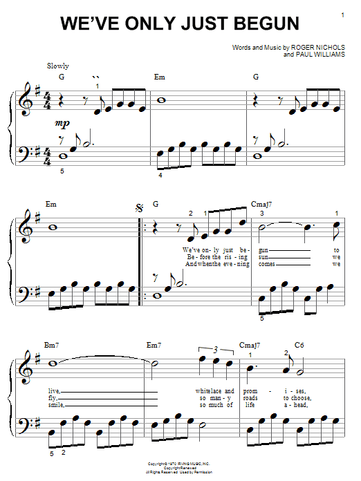 Preview Carpenters We've Only Just Begun Pop sheet music, notes and chords for Piano (Big Notes), SKU: 19403 sheet music, piano notes, chords, guitar tabs, score, transpose, transcribe, how to play, guide, download, learn, tutorial, progression, song, artist, awards, billboard, mtv, vh1, tour, single, album, release