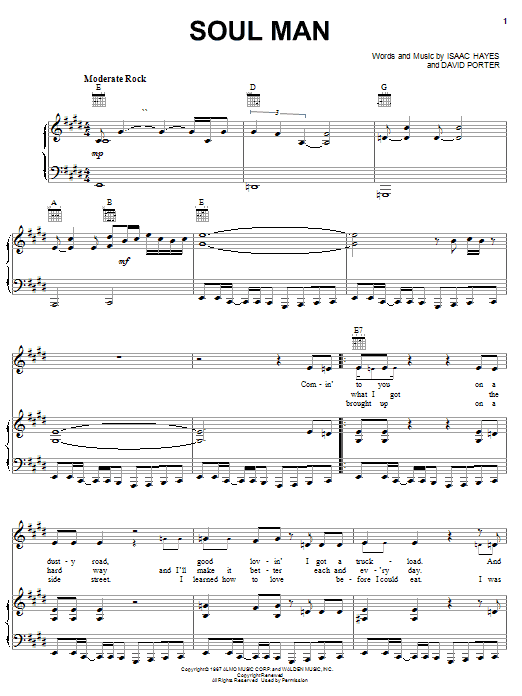 Preview Sam & Dave Soul Man Film and TV sheet music, notes and chords for Piano, Vocal & Guitar (Right-Hand Melody), SKU: 19408 sheet music, piano notes, chords, guitar tabs, score, transpose, transcribe, how to play, guide, download, learn, tutorial, progression, song, artist, awards, billboard, mtv, vh1, tour, single, album, release