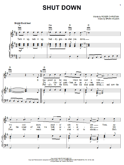 Preview The Beach Boys Shut Down Rock sheet music, notes and chords for Piano, Vocal & Guitar (Right-Hand Melody), SKU: 19412 sheet music, piano notes, chords, guitar tabs, score, transpose, transcribe, how to play, guide, download, learn, tutorial, progression, song, artist, awards, billboard, mtv, vh1, tour, single, album, release