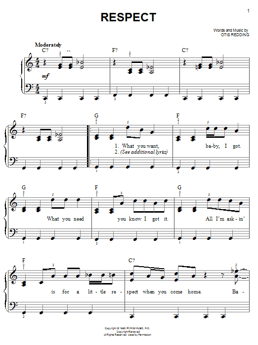 Preview Aretha Franklin Respect Rock sheet music, notes and chords for Easy Piano, SKU: 19416 sheet music, piano notes, chords, guitar tabs, score, transpose, transcribe, how to play, guide, download, learn, tutorial, progression, song, artist, awards, billboard, mtv, vh1, tour, single, album, release