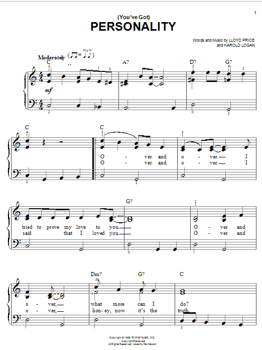 Preview Lloyd Price (You've Got) Personality Classics sheet music, notes and chords for Easy Piano, SKU: 19417 sheet music, piano notes, chords, guitar tabs, score, transpose, transcribe, how to play, guide, download, learn, tutorial, progression, song, artist, awards, billboard, mtv, vh1, tour, single, album, release