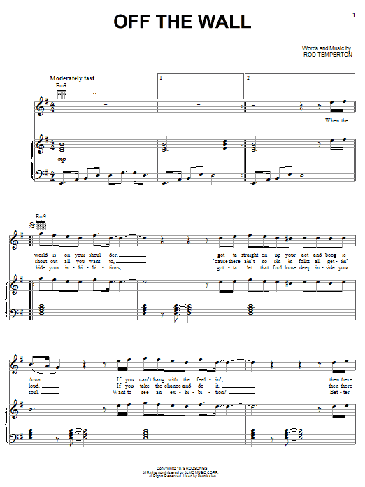 Preview Michael Jackson Off The Wall Pop sheet music, notes and chords for Piano, Vocal & Guitar (Right-Hand Melody), SKU: 19420 sheet music, piano notes, chords, guitar tabs, score, transpose, transcribe, how to play, guide, download, learn, tutorial, progression, song, artist, awards, billboard, mtv, vh1, tour, single, album, release