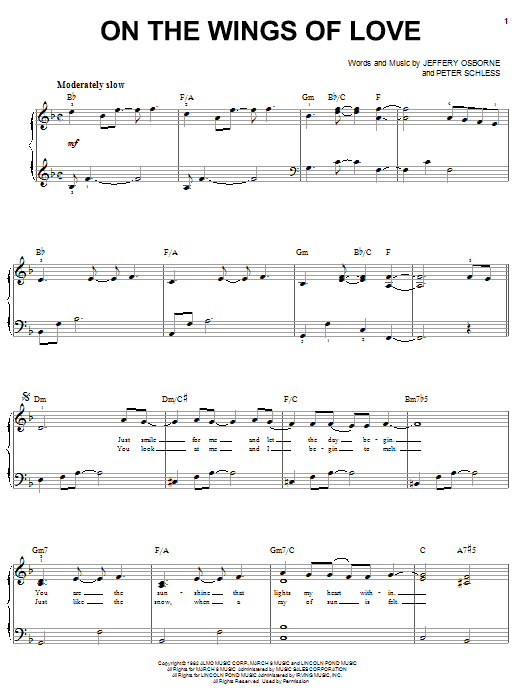 Preview Jeffrey Osborne On The Wings Of Love Pop sheet music, notes and chords for Easy Piano, SKU: 19421 sheet music, piano notes, chords, guitar tabs, score, transpose, transcribe, how to play, guide, download, learn, tutorial, progression, song, artist, awards, billboard, mtv, vh1, tour, single, album, release