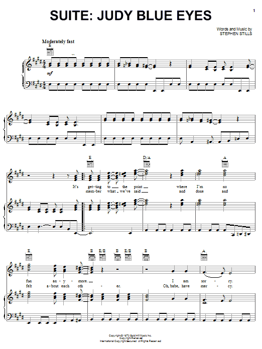 Preview Crosby, Stills & Nash Suite: Judy Blue Eyes Pop sheet music, notes and chords for Piano, Vocal & Guitar (Right-Hand Melody), SKU: 19426 sheet music, piano notes, chords, guitar tabs, score, transpose, transcribe, how to play, guide, download, learn, tutorial, progression, song, artist, awards, billboard, mtv, vh1, tour, single, album, release