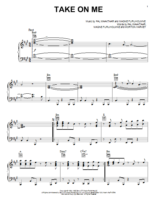 Preview a-ha Take On Me Rock sheet music, notes and chords for Piano, Vocal & Guitar (Right-Hand Melody), SKU: 19427 sheet music, piano notes, chords, guitar tabs, score, transpose, transcribe, how to play, guide, download, learn, tutorial, progression, song, artist, awards, billboard, mtv, vh1, tour, single, album, release