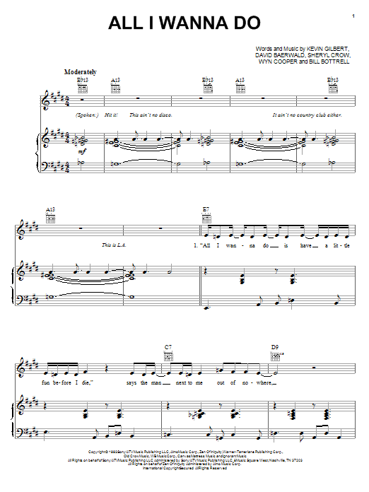 Preview Sheryl Crow All I Wanna Do Rock sheet music, notes and chords for Piano, Vocal & Guitar (Right-Hand Melody), SKU: 19437 sheet music, piano notes, chords, guitar tabs, score, transpose, transcribe, how to play, guide, download, learn, tutorial, progression, song, artist, awards, billboard, mtv, vh1, tour, single, album, release