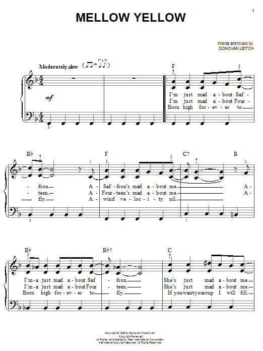 Preview Donovan Mellow Yellow Rock sheet music, notes and chords for Easy Piano, SKU: 19439 sheet music, piano notes, chords, guitar tabs, score, transpose, transcribe, how to play, guide, download, learn, tutorial, progression, song, artist, awards, billboard, mtv, vh1, tour, single, album, release