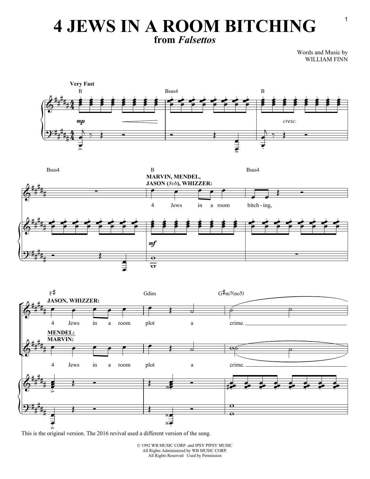 Preview William Finn 4 Jews In A Room Bitching Broadway sheet music, notes and chords for Piano & Vocal, SKU: 194411 sheet music, piano notes, chords, guitar tabs, score, transpose, transcribe, how to play, guide, download, learn, tutorial, progression, song, artist, awards, billboard, mtv, vh1, tour, single, album, release