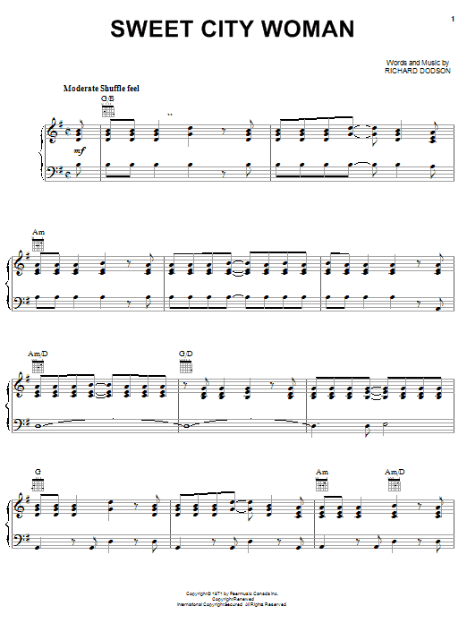 Preview Stampeders Sweet City Woman Pop sheet music, notes and chords for Piano, Vocal & Guitar (Right-Hand Melody), SKU: 19441 sheet music, piano notes, chords, guitar tabs, score, transpose, transcribe, how to play, guide, download, learn, tutorial, progression, song, artist, awards, billboard, mtv, vh1, tour, single, album, release