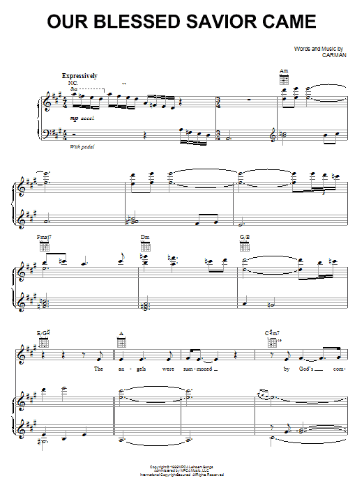 Preview Carman Our Blessed Savior Came Christmas sheet music, notes and chords for Piano, Vocal & Guitar (Right-Hand Melody), SKU: 19474 sheet music, piano notes, chords, guitar tabs, score, transpose, transcribe, how to play, guide, download, learn, tutorial, progression, song, artist, awards, billboard, mtv, vh1, tour, single, album, release