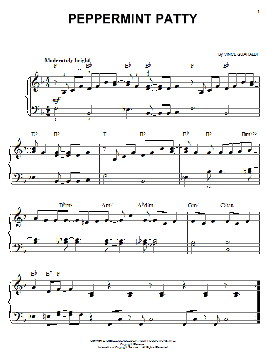 Preview Vince Guaraldi Peppermint Patty Film and TV sheet music, notes and chords for Easy Piano, SKU: 19481 sheet music, piano notes, chords, guitar tabs, score, transpose, transcribe, how to play, guide, download, learn, tutorial, progression, song, artist, awards, billboard, mtv, vh1, tour, single, album, release