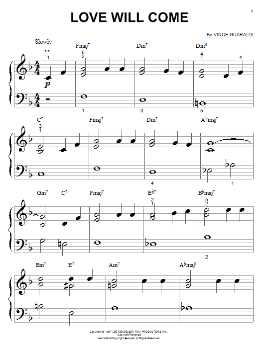 Preview Vince Guaraldi Love Will Come Film and TV sheet music, notes and chords for Piano (Big Notes), SKU: 19486 sheet music, piano notes, chords, guitar tabs, score, transpose, transcribe, how to play, guide, download, learn, tutorial, progression, song, artist, awards, billboard, mtv, vh1, tour, single, album, release