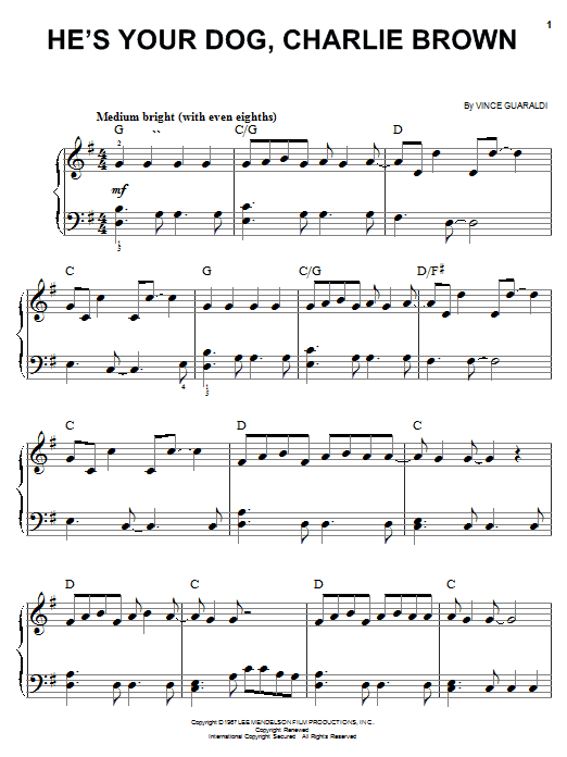 Preview Vince Guaraldi He's Your Dog, Charlie Brown (from Snoopy) Children sheet music, notes and chords for Easy Piano, SKU: 19487 sheet music, piano notes, chords, guitar tabs, score, transpose, transcribe, how to play, guide, download, learn, tutorial, progression, song, artist, awards, billboard, mtv, vh1, tour, single, album, release