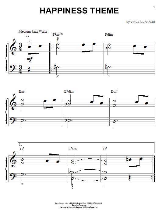 Preview Vince Guaraldi Happiness Theme Film and TV sheet music, notes and chords for Piano (Big Notes), SKU: 19489 sheet music, piano notes, chords, guitar tabs, score, transpose, transcribe, how to play, guide, download, learn, tutorial, progression, song, artist, awards, billboard, mtv, vh1, tour, single, album, release
