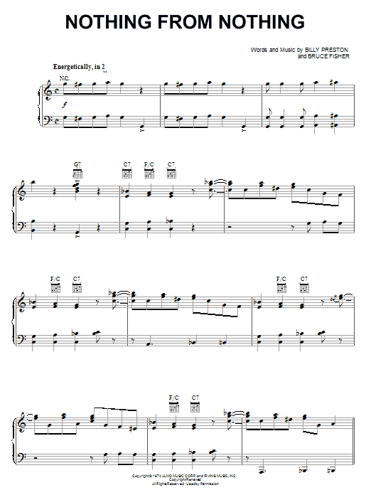 Preview Billy Preston Nothing From Nothing Rock sheet music, notes and chords for Piano, Vocal & Guitar (Right-Hand Melody), SKU: 19492 sheet music, piano notes, chords, guitar tabs, score, transpose, transcribe, how to play, guide, download, learn, tutorial, progression, song, artist, awards, billboard, mtv, vh1, tour, single, album, release