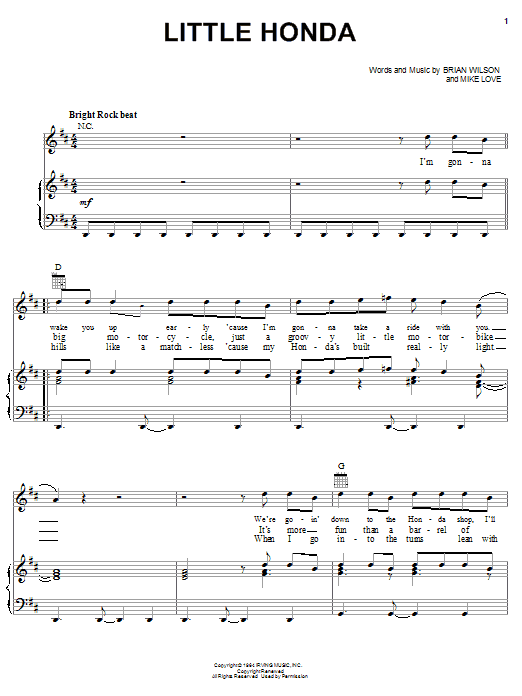 Preview The Beach Boys Little Honda Rock sheet music, notes and chords for Piano, Vocal & Guitar (Right-Hand Melody), SKU: 19493 sheet music, piano notes, chords, guitar tabs, score, transpose, transcribe, how to play, guide, download, learn, tutorial, progression, song, artist, awards, billboard, mtv, vh1, tour, single, album, release