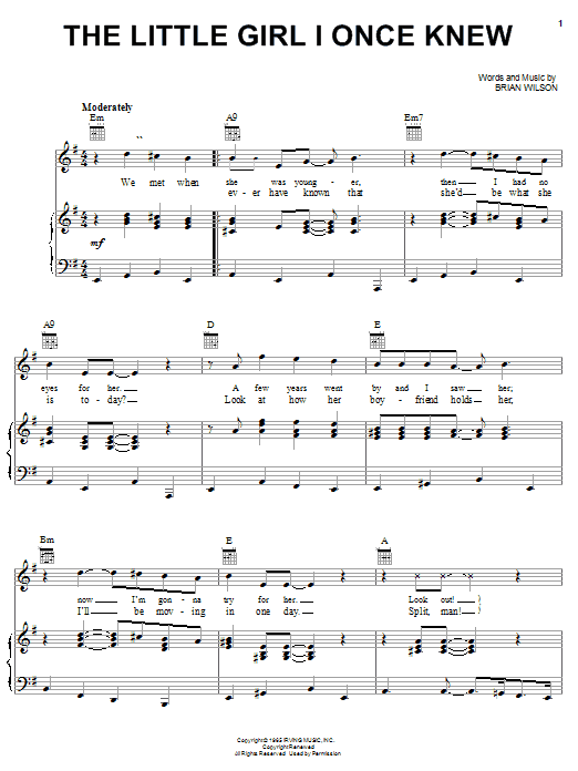 Preview The Beach Boys The Little Girl I Once Knew Rock sheet music, notes and chords for Piano, Vocal & Guitar (Right-Hand Melody), SKU: 19494 sheet music, piano notes, chords, guitar tabs, score, transpose, transcribe, how to play, guide, download, learn, tutorial, progression, song, artist, awards, billboard, mtv, vh1, tour, single, album, release