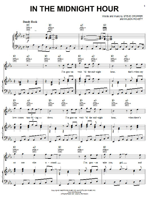 Preview Wilson Pickett In The Midnight Hour Pop sheet music, notes and chords for Piano, Vocal & Guitar (Right-Hand Melody), SKU: 19498 sheet music, piano notes, chords, guitar tabs, score, transpose, transcribe, how to play, guide, download, learn, tutorial, progression, song, artist, awards, billboard, mtv, vh1, tour, single, album, release