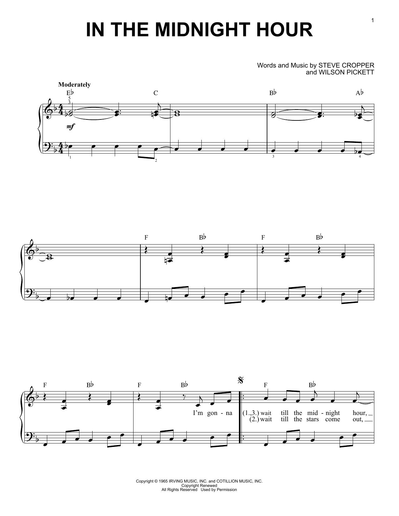 Preview Wilson Pickett In The Midnight Hour Film and TV sheet music, notes and chords for Easy Piano, SKU: 19499 sheet music, piano notes, chords, guitar tabs, score, transpose, transcribe, how to play, guide, download, learn, tutorial, progression, song, artist, awards, billboard, mtv, vh1, tour, single, album, release