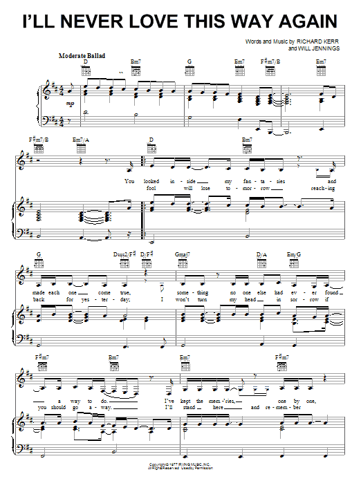 Preview Dionne Warwick I'll Never Love This Way Again Pop sheet music, notes and chords for Piano, Vocal & Guitar (Right-Hand Melody), SKU: 19504 sheet music, piano notes, chords, guitar tabs, score, transpose, transcribe, how to play, guide, download, learn, tutorial, progression, song, artist, awards, billboard, mtv, vh1, tour, single, album, release