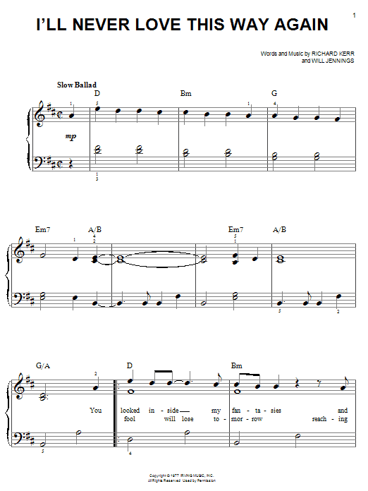 Preview Dionne Warwick I'll Never Love This Way Again Pop sheet music, notes and chords for Easy Piano, SKU: 19505 sheet music, piano notes, chords, guitar tabs, score, transpose, transcribe, how to play, guide, download, learn, tutorial, progression, song, artist, awards, billboard, mtv, vh1, tour, single, album, release