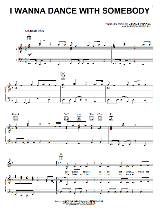 Preview Whitney Houston I Wanna Dance With Somebody Pop sheet music, notes and chords for Piano, Vocal & Guitar (Right-Hand Melody), SKU: 19507 sheet music, piano notes, chords, guitar tabs, score, transpose, transcribe, how to play, guide, download, learn, tutorial, progression, song, artist, awards, billboard, mtv, vh1, tour, single, album, release