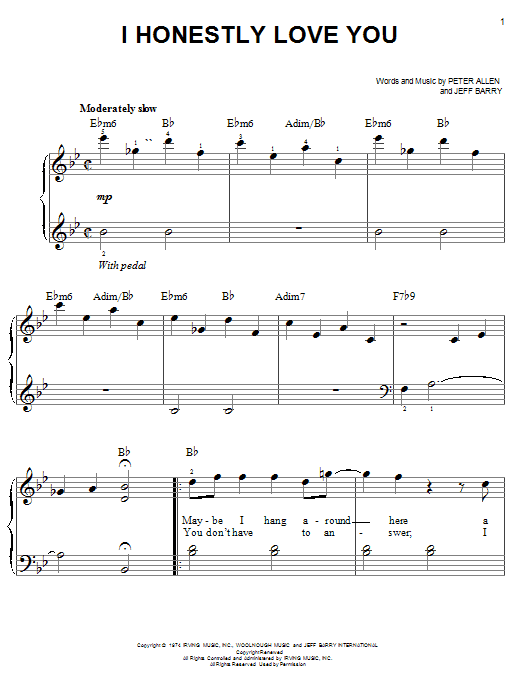 Preview Olivia Newton-John I Honestly Love You Broadway sheet music, notes and chords for Easy Piano, SKU: 19510 sheet music, piano notes, chords, guitar tabs, score, transpose, transcribe, how to play, guide, download, learn, tutorial, progression, song, artist, awards, billboard, mtv, vh1, tour, single, album, release