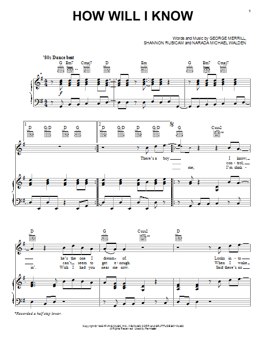 Preview Whitney Houston How Will I Know Rock sheet music, notes and chords for Piano, Vocal & Guitar (Right-Hand Melody), SKU: 19513 sheet music, piano notes, chords, guitar tabs, score, transpose, transcribe, how to play, guide, download, learn, tutorial, progression, song, artist, awards, billboard, mtv, vh1, tour, single, album, release