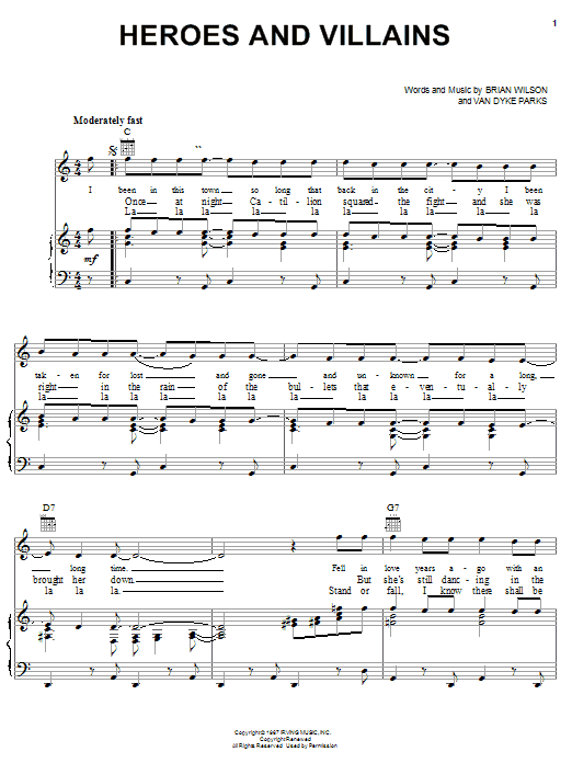 Preview The Beach Boys Heroes And Villains Rock sheet music, notes and chords for Piano, Vocal & Guitar (Right-Hand Melody), SKU: 19515 sheet music, piano notes, chords, guitar tabs, score, transpose, transcribe, how to play, guide, download, learn, tutorial, progression, song, artist, awards, billboard, mtv, vh1, tour, single, album, release