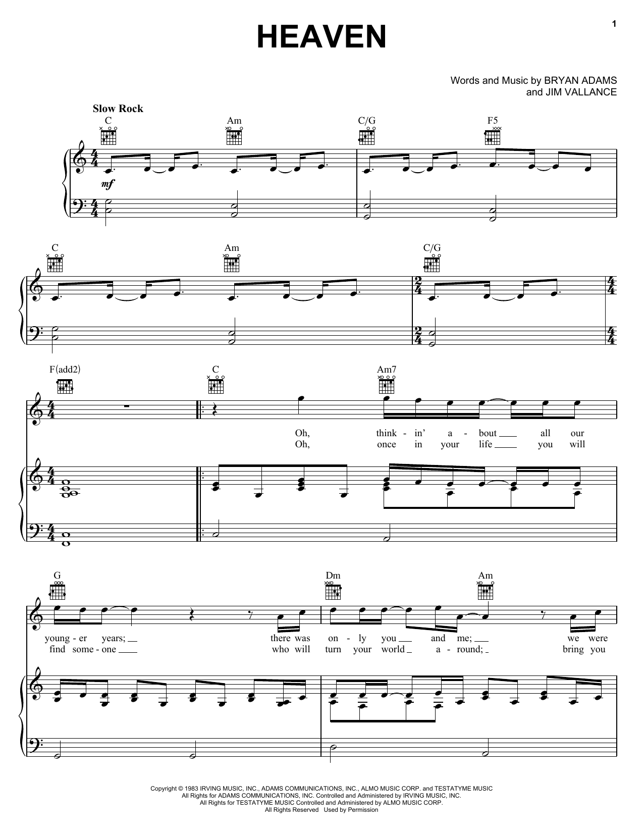 Preview Bryan Adams Heaven Pop sheet music, notes and chords for Piano, Vocal & Guitar (Right-Hand Melody), SKU: 19516 sheet music, piano notes, chords, guitar tabs, score, transpose, transcribe, how to play, guide, download, learn, tutorial, progression, song, artist, awards, billboard, mtv, vh1, tour, single, album, release