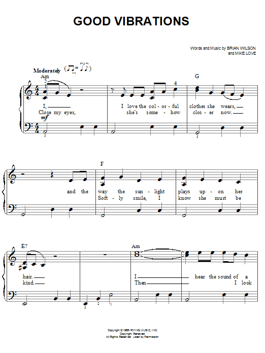 Preview The Beach Boys Good Vibrations Rock sheet music, notes and chords for Easy Piano, SKU: 19519 sheet music, piano notes, chords, guitar tabs, score, transpose, transcribe, how to play, guide, download, learn, tutorial, progression, song, artist, awards, billboard, mtv, vh1, tour, single, album, release