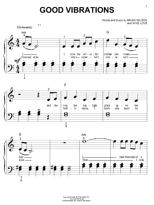 Preview The Beach Boys Good Vibrations Rock sheet music, notes and chords for Piano (Big Notes), SKU: 19521 sheet music, piano notes, chords, guitar tabs, score, transpose, transcribe, how to play, guide, download, learn, tutorial, progression, song, artist, awards, billboard, mtv, vh1, tour, single, album, release