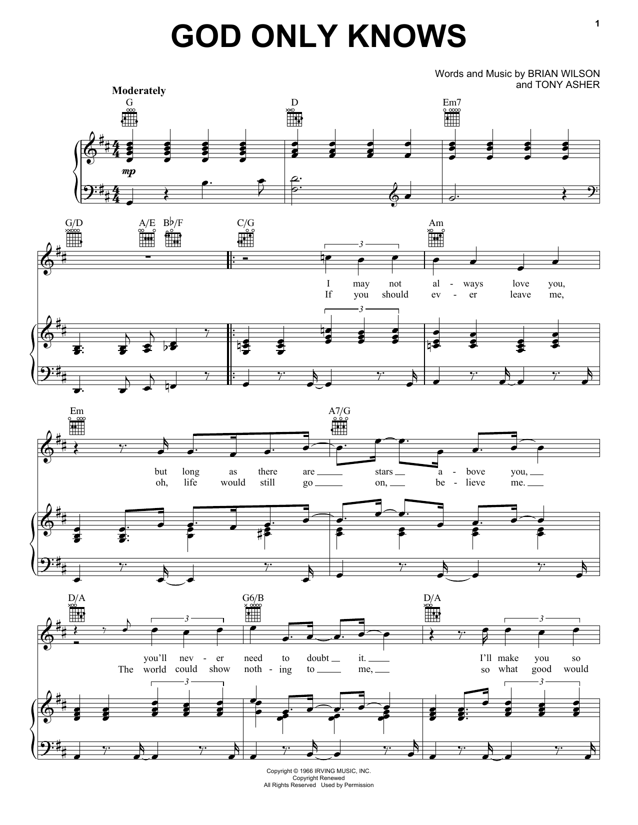 Preview The Beach Boys God Only Knows Pop sheet music, notes and chords for Piano, Vocal & Guitar (Right-Hand Melody), SKU: 19522 sheet music, piano notes, chords, guitar tabs, score, transpose, transcribe, how to play, guide, download, learn, tutorial, progression, song, artist, awards, billboard, mtv, vh1, tour, single, album, release