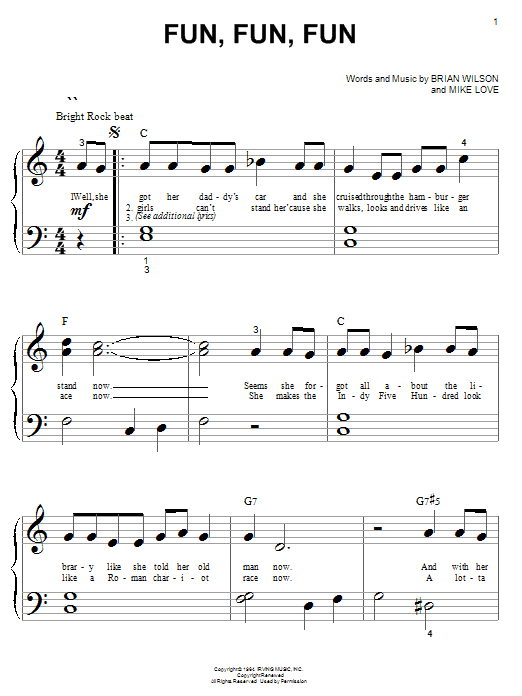 Preview The Beach Boys Fun, Fun, Fun Rock sheet music, notes and chords for Piano (Big Notes), SKU: 19523 sheet music, piano notes, chords, guitar tabs, score, transpose, transcribe, how to play, guide, download, learn, tutorial, progression, song, artist, awards, billboard, mtv, vh1, tour, single, album, release