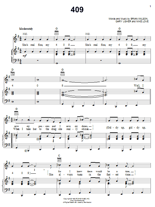 Preview The Beach Boys 409 Rock sheet music, notes and chords for Piano, Vocal & Guitar (Right-Hand Melody), SKU: 19525 sheet music, piano notes, chords, guitar tabs, score, transpose, transcribe, how to play, guide, download, learn, tutorial, progression, song, artist, awards, billboard, mtv, vh1, tour, single, album, release