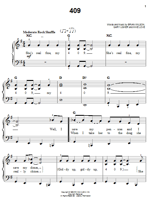 Preview The Beach Boys 409 Rock sheet music, notes and chords for Easy Piano, SKU: 19526 sheet music, piano notes, chords, guitar tabs, score, transpose, transcribe, how to play, guide, download, learn, tutorial, progression, song, artist, awards, billboard, mtv, vh1, tour, single, album, release